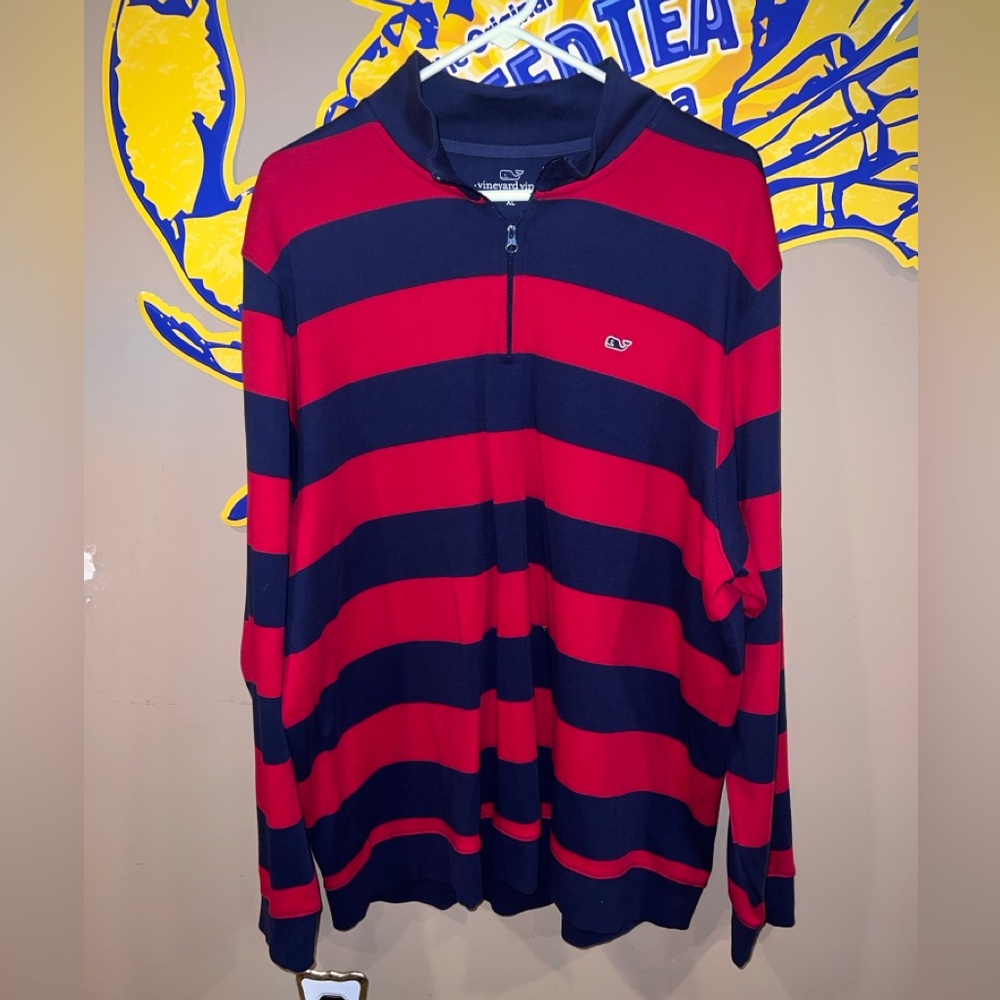 Vineyard Vines Men's Bold Red and Navy Zip-Up Sweater